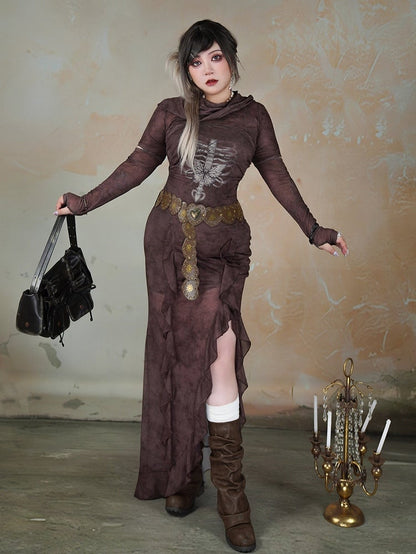 Plus Size Dark Coffee Butterfly Skeleton Print Wasteland Punk Side Slit Dress