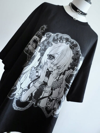 Black&White Jirai Kei Cartoon Girl Print Round Neck T-shirt