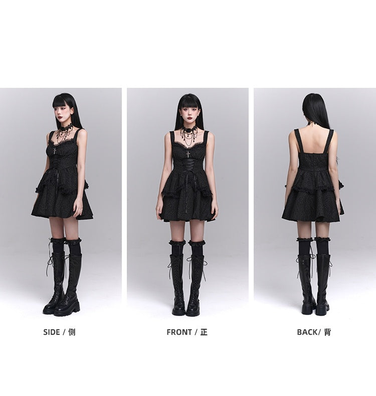 Black Sweetheart Neckline Lace-up Front Tiered Skirt Gothic Sleeveless Dress