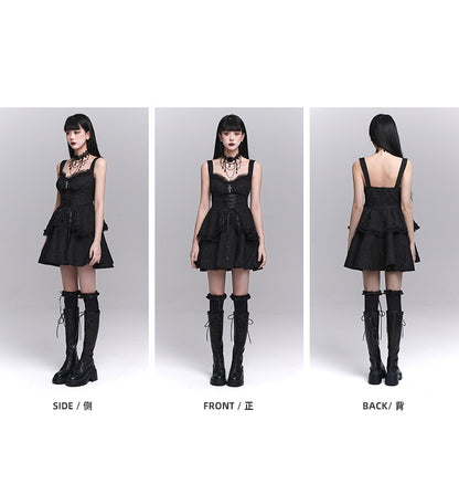 Black Sweetheart Neckline Lace-up Front Tiered Skirt Gothic Sleeveless Dress