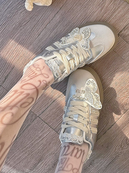 Beads and Rhinestones Detail Silver Butterfly Decorated Sneakers