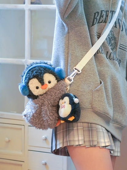 Gray Cute Penguin Plush Backpack/Crossbody Bag + Keychain