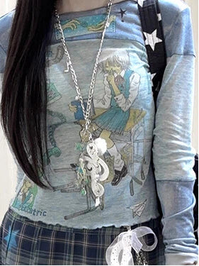 Blue Round Neck Top with Cartoon Print