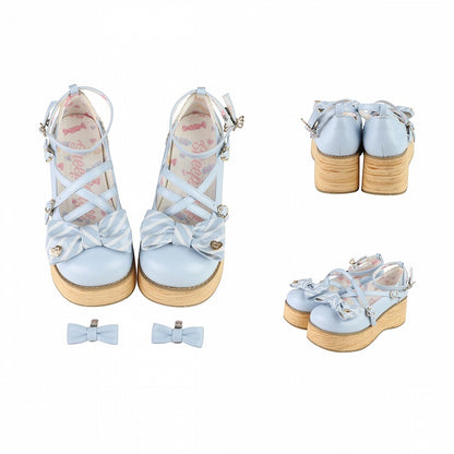 Striped Bow Accents Blue Round Toe Sweet Lolita Platforms Buckle Straps