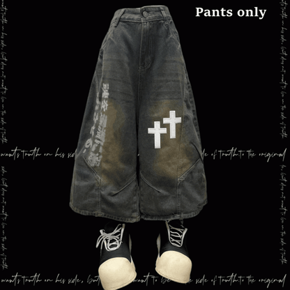 Dark Blue Faded Wash Cross Appliques Distressed Wide-Leg Jeans
