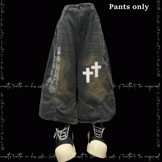 Dark Blue Faded Wash Cross Appliques Distressed Wide-Leg Jeans