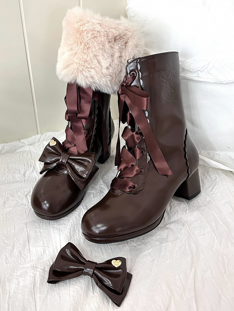 Brown Mid-calf Boots for Lolita - Mid-heel with Removable Bow & Interchangeable Plush Cuff