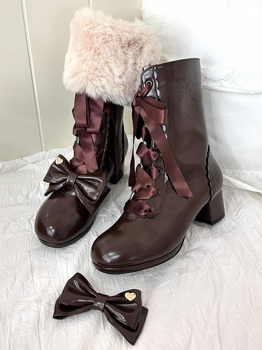 Brown Mid-calf Boots for Lolita - Mid-heel with Removable Bow & Interchangeable Plush Cuff