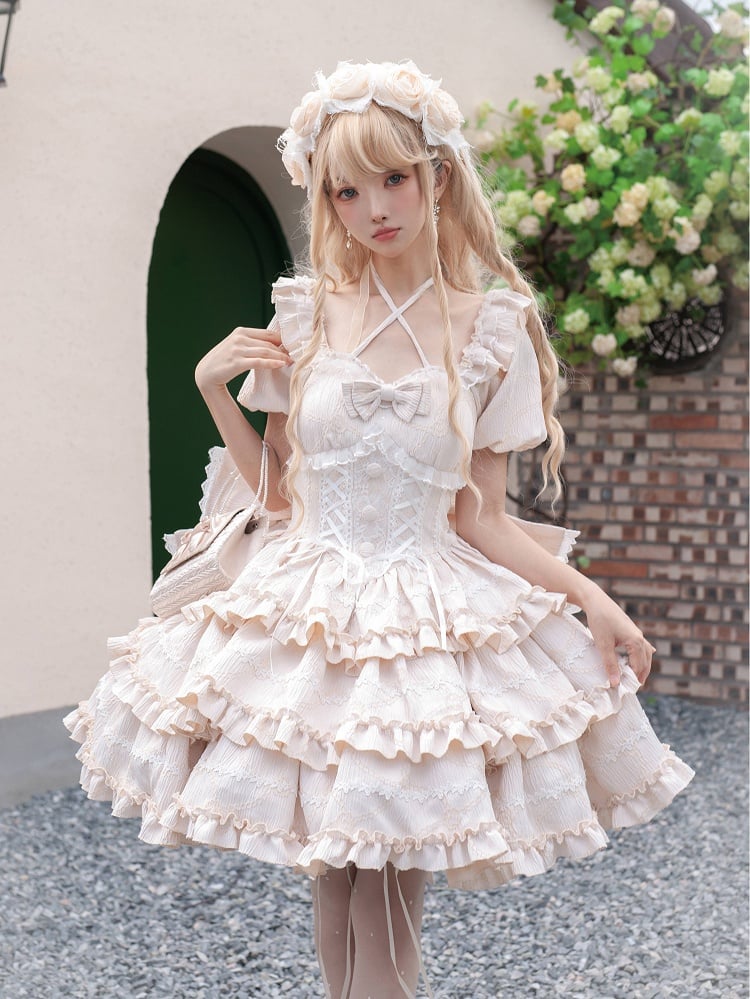 Champagne Princess Corset Waist Dress Ruffle Skirt Lolita OP with Big Bow at Back