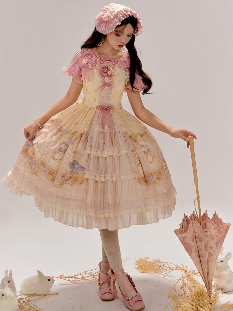 Clearance-Size XL for Bust 96-106CM Farm Ducks and Sunflowers Print Yellow Sweet Lolita Jumper Skirt