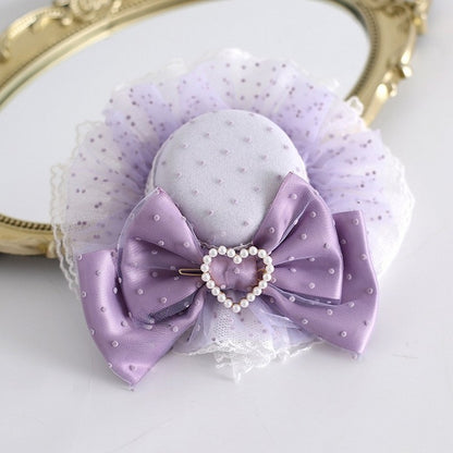 Purple Beaded Heart Decorated Bowknot Design Polka-dot Pattern Lace Trim Mini Hat