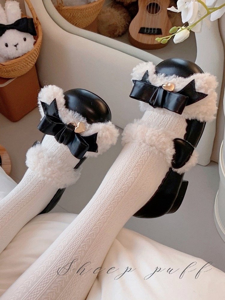 Plush Velcro Strap Black Bow at Top Flats