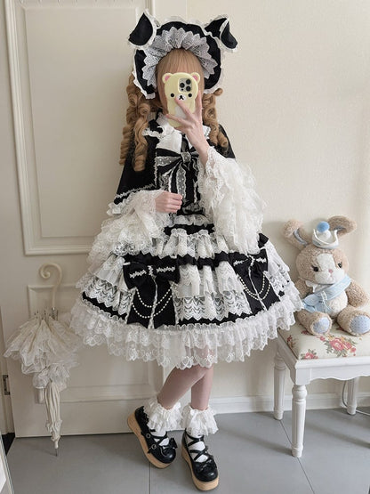 Black Bead Chain Big Bows Decoration Tiered Skirt Hanayome Lolita Dress