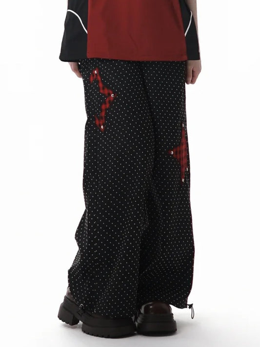 Red Plaid Star Applique Drawstring Cuffs Black Polka Dot Casual Pants