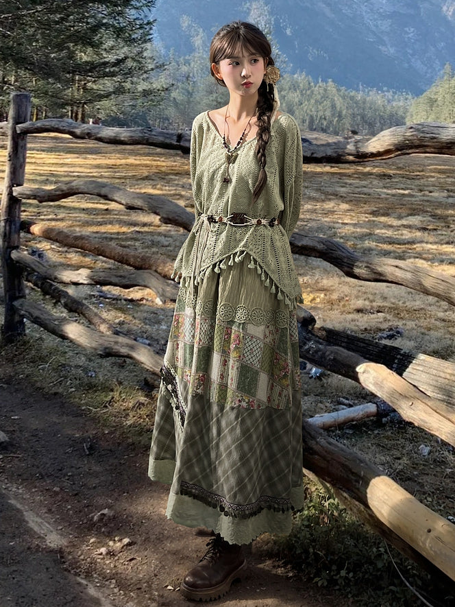 Bohemian Green V-neck Tassels Hem Top with Belt