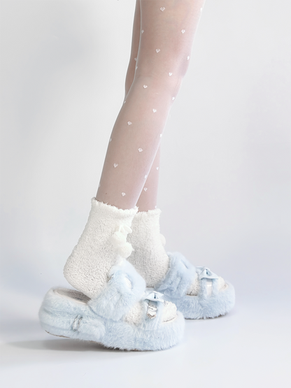Light Blue Jirai Kei Plush Slippers: Embroidered Cat Design with Platform Sole & Top Bow