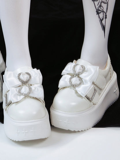 Regular/Thicken Version Rhinestone Heart Decor Bow Details & Slip-in Fit Design PU White Platform Shoes in Jirai Kei