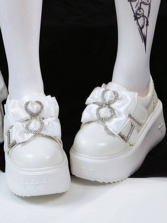Regular/Thicken Version Rhinestone Heart Decor Bow Details & Slip-in Fit Design PU White Platform Shoes in Jirai Kei