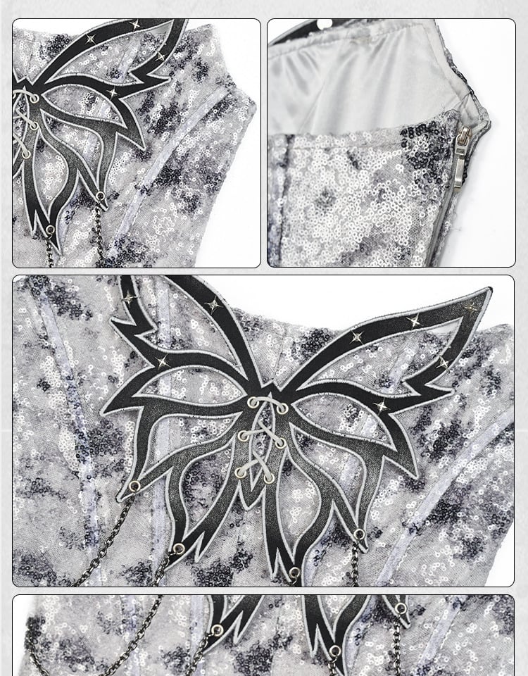 Y3K Fashion Futuristic Silver Grey Butterfly Chain Sequins Decorated Fishbone Strapless Cyberpunk Top