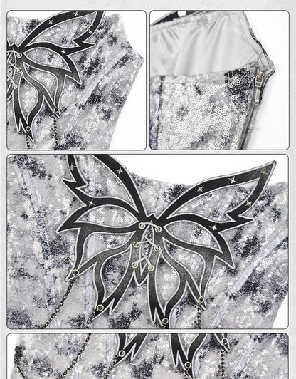 Y3K Fashion Futuristic Silver Grey Butterfly Chain Sequins Decorated Fishbone Strapless Cyberpunk Top