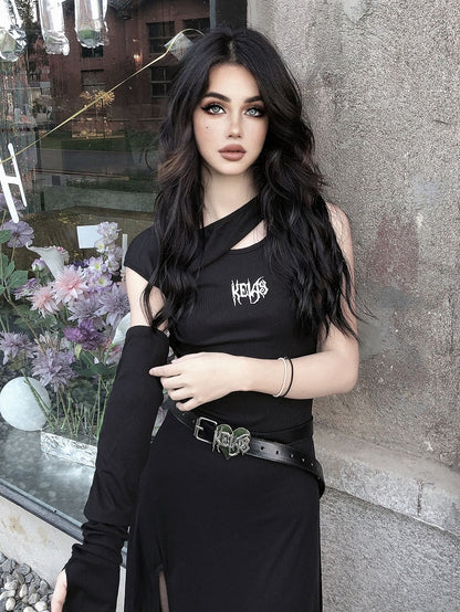 Thigh-high Slit Black Gothic Hooded Dress