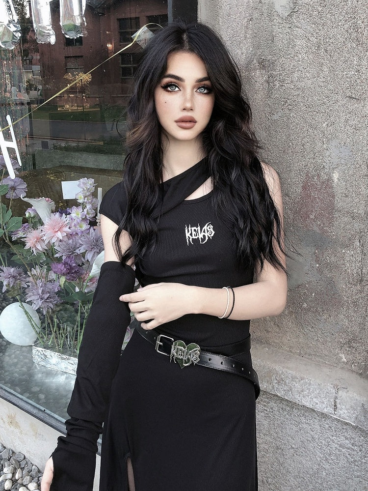 Thigh-high Slit Black Gothic Hooded Dress