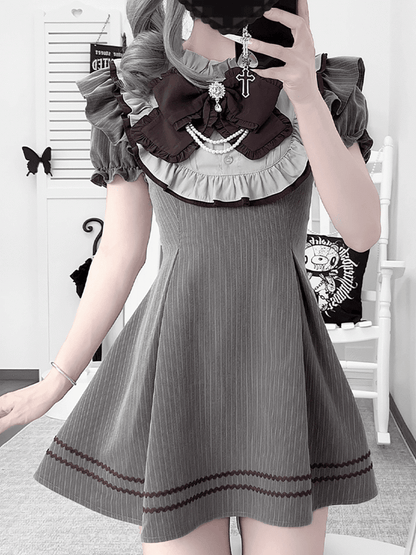 Jirai Kei Ruffle Neckline Puff Sleeves Gray Striped Dress with Free Bowtie
