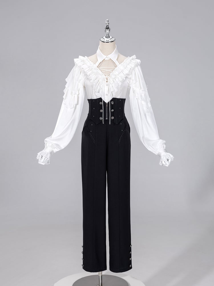 All White Cascading Ruffles V-neck Long Sleeves Backless Shirt with Bead Chains