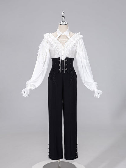 All White Cascading Ruffles V-neck Long Sleeves Backless Shirt with Bead Chains