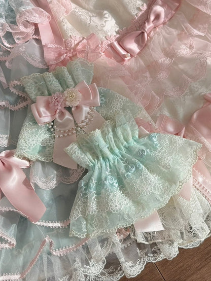 Green&Pink Floral Design Beaded Charm Bowknot Wrist Cuffs