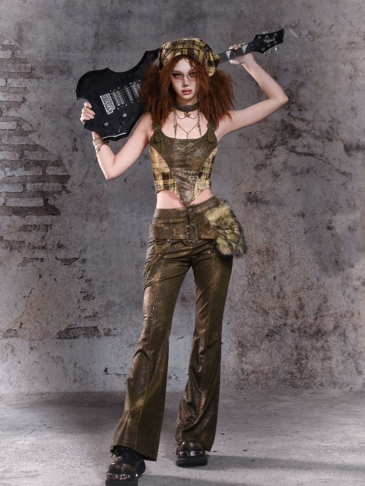 Green Low-Waist Buckle Flared Pants with Plush Waist Bag