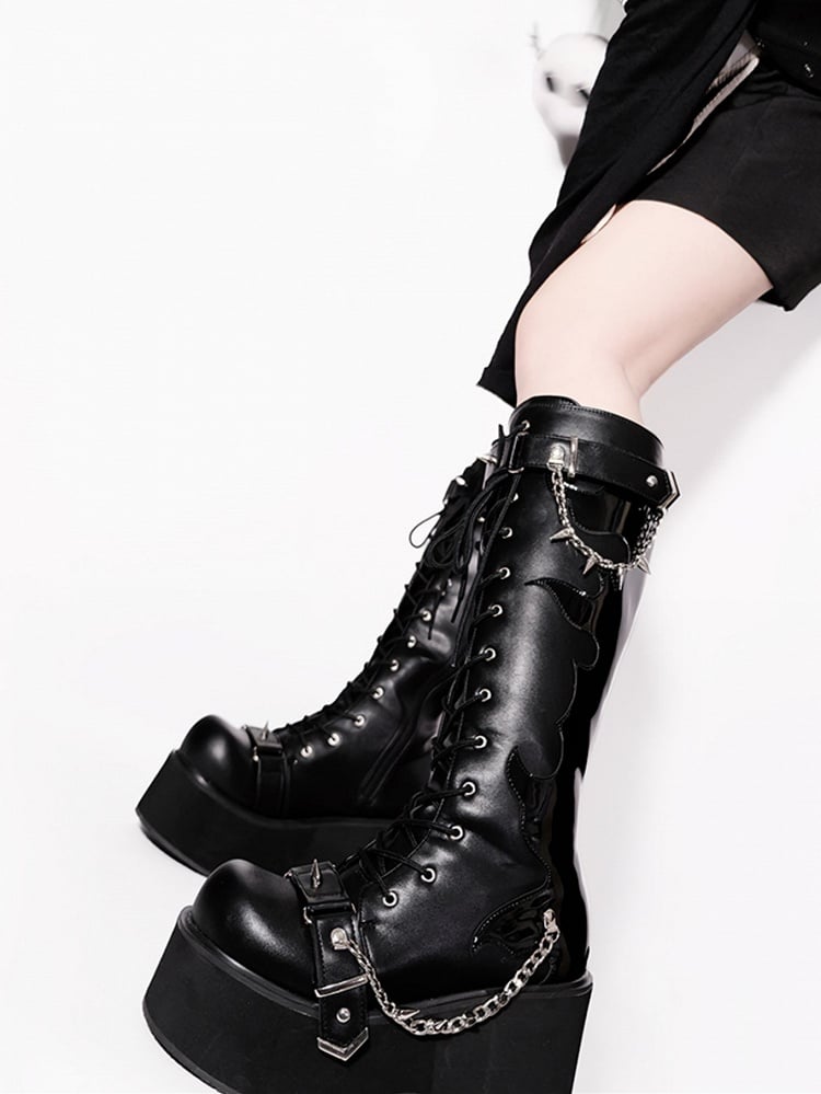 Matte Black Punk Goth Platform Boots Spike Studs Chains Knee-high Boots