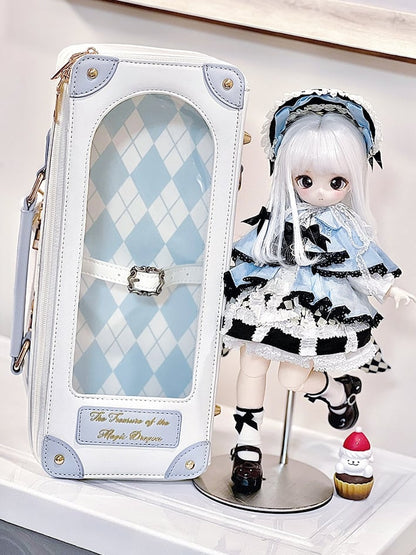 White&Blue Diamond Pattern 1/6 Scale BJD Doll Bag with Two Straps