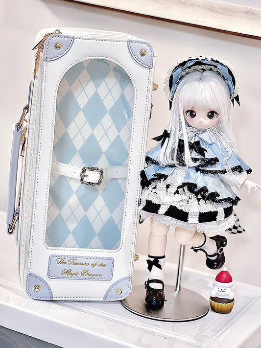 White&Blue Diamond Pattern 1/6 Scale BJD Doll Bag with Two Straps