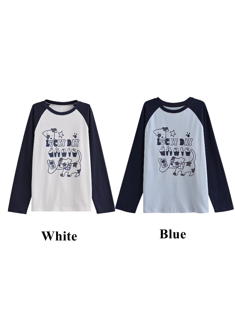 White/Blue Colorblock Design Adorable Puppy Print Loose Top