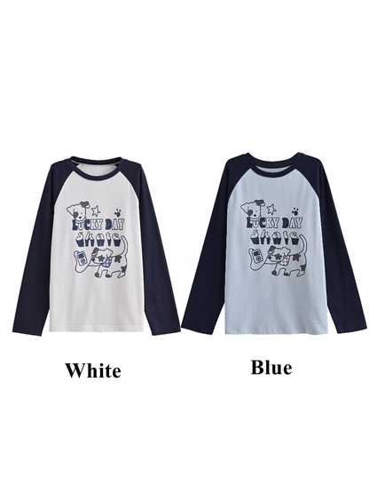 White/Blue Colorblock Design Adorable Puppy Print Loose Top