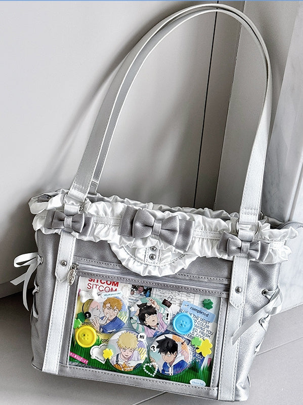 Silver&White Bowknot Details Ruffles Trim Lace-up Design Ita Bag
