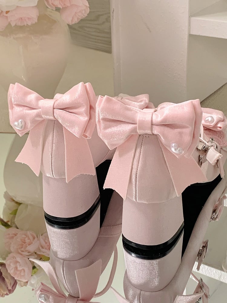 Pink Crisscross Design Bow at Top Heart Buckles Sweet Lolita Shoes With Dual Detachable Buckle Ankle Straps