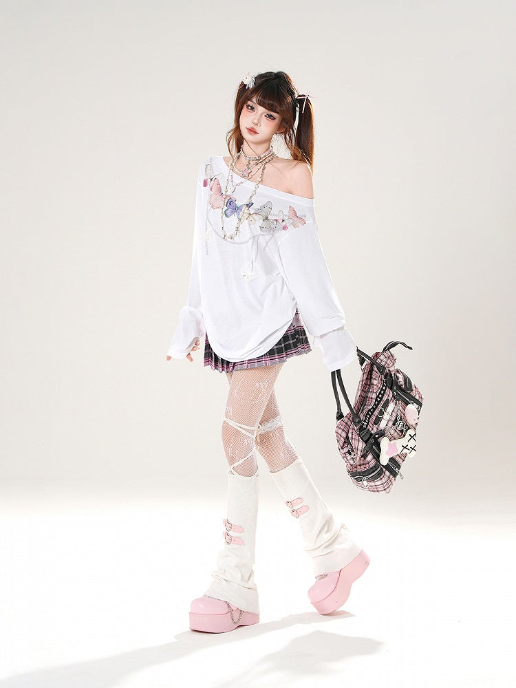 Butterfly-shaped Cutout Detail Back White/Pink Asymmetrical Neckline Top