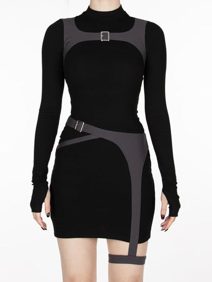 Cyberpunk Futuristic Black & Gray Buckle Strap Dress Waist Belt and Harness All-in-one with Garter