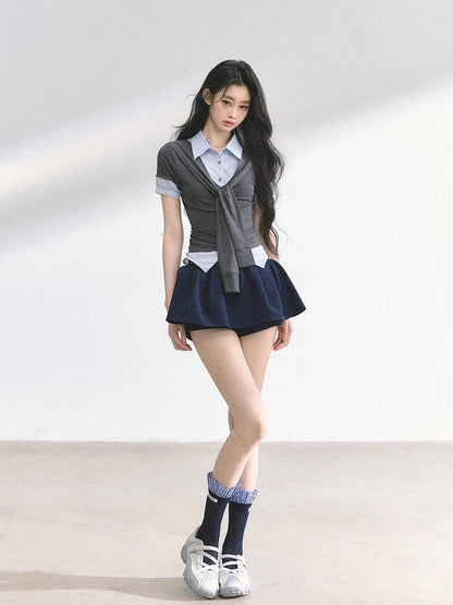 Preppy Style Polo Collar Gray & Blue / Apricot & Pink T-shirt Faux Two-pieces