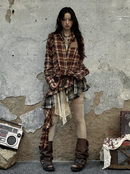 Waist Belt Design Red and Brown Punk Asymmetrical Plaid Skirt with Studs