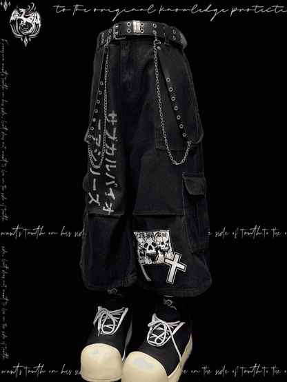 Dark Blue Skeleton and Cross Applique Punk Wide-Leg Cargo Jeans