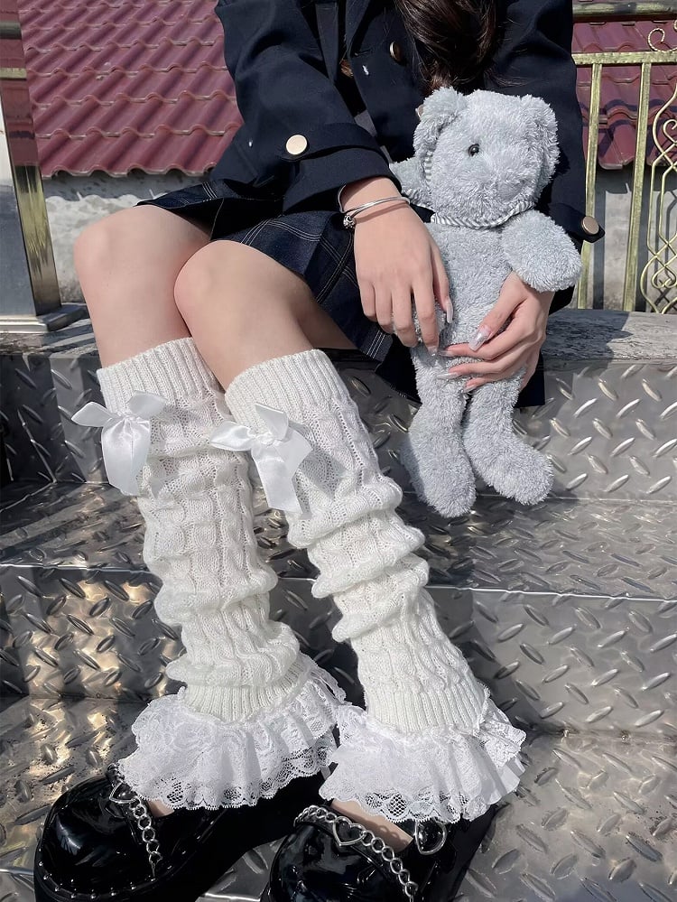White/Black Ruffled Lace Cuff Bow Lolita Leg Warmers