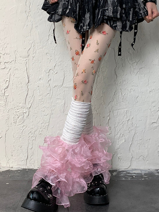 White&Pink Y2K Multi-layered Lace Trim Leg Sleeves