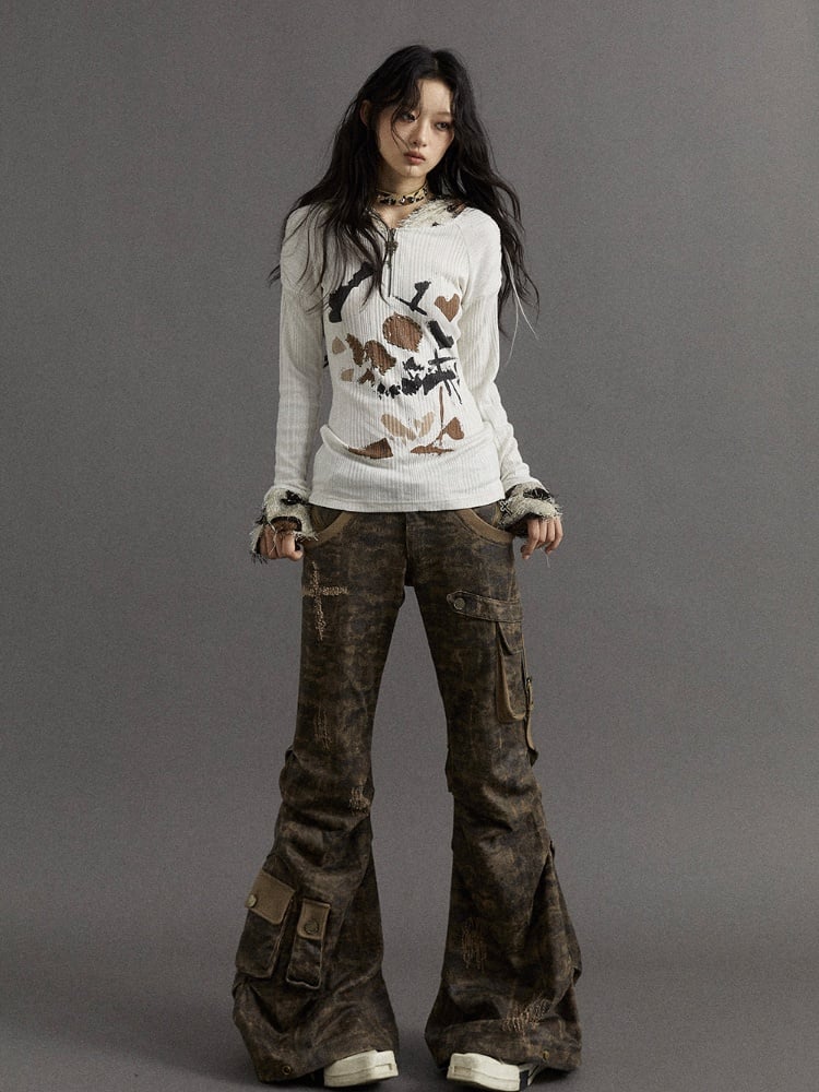 Dusty Grey Camo Low-waist Distressed Design Flared Cargo Pants