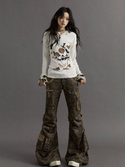 Dusty Grey Camo Low-waist Distressed Design Flared Cargo Pants