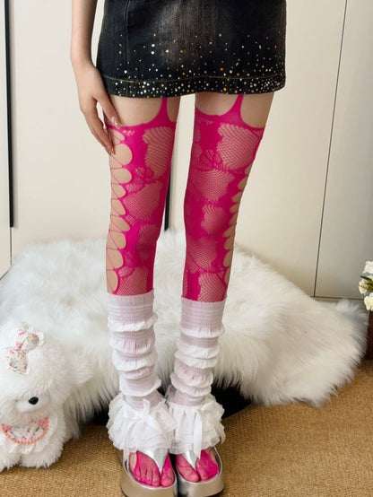 Gray/White/Dark Pink/Black/Red Cut-out Design Suspender Stockings