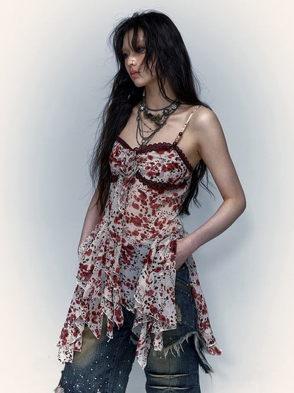 Detachable Flower Decorated White and Red Asymmetrical Hem Cami Top