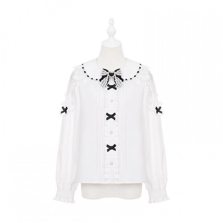 Jirai Kei White Long Sleeve Blouse | Black Bowknots & Lace Cut-Out Shoulder